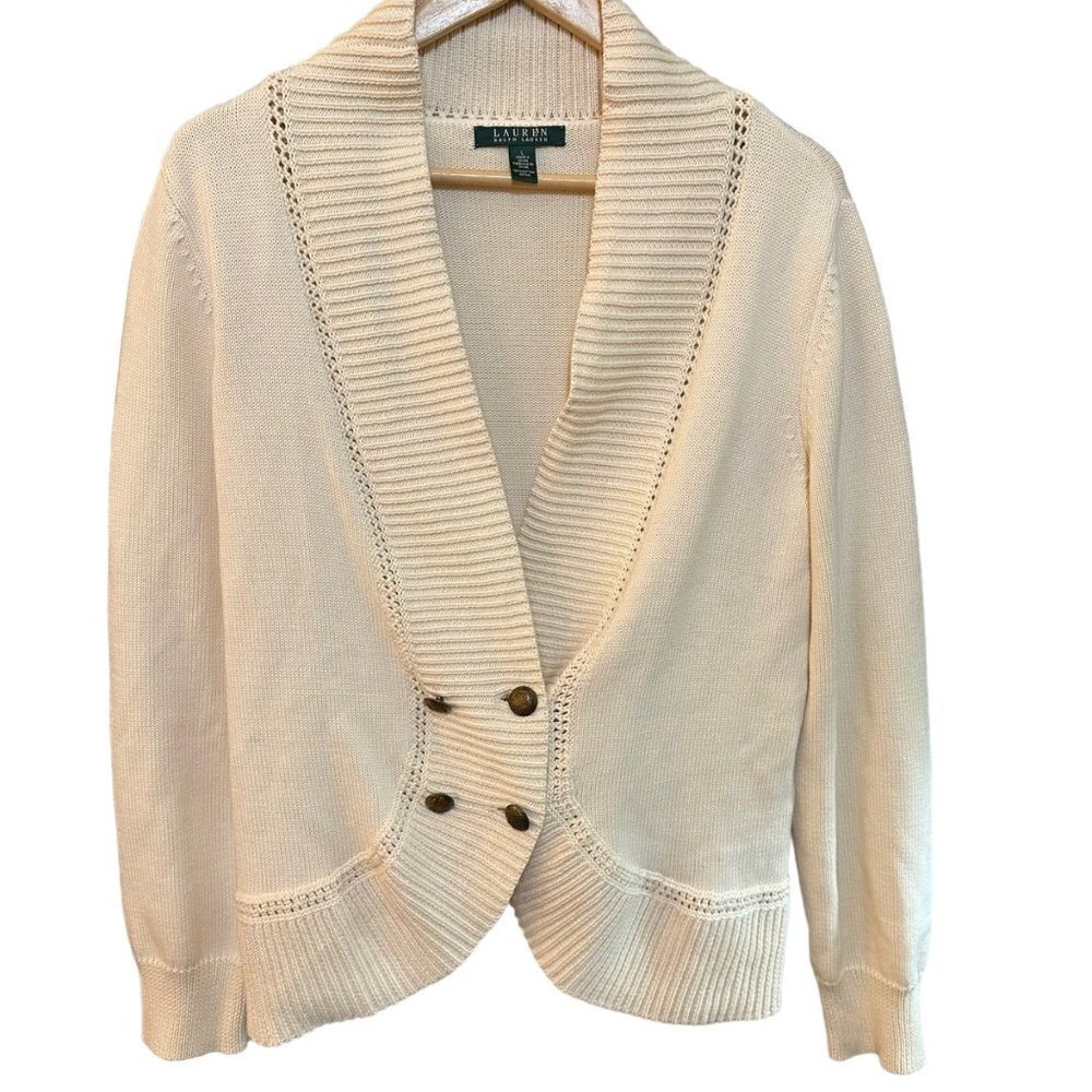 Lauren by Ralph Lauren Double Crest Button Cardigan Sweater Preppy Old Money LG